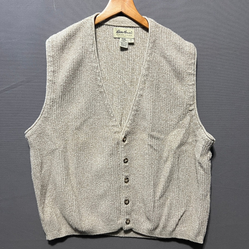 Eddie Bauer Vintage Mens Medium Waffle Knit Cotton Sweater Vest Beige USA Made